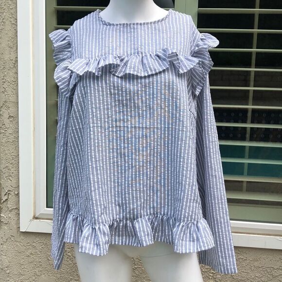 Lost Ink Blue/White Stripe Ruffle Blouse SzXL - Picture 3 of 12
